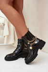 Lacquered Ankle Boots Workers Women's With Golden Chain Insulated Black Sarinae