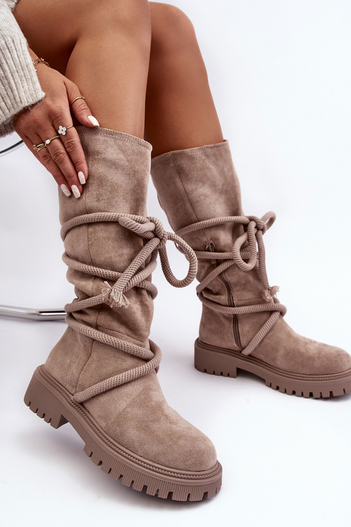 Kozaki Damskie Zamszowe Wiązanie Beżowe Tanive JJ48P