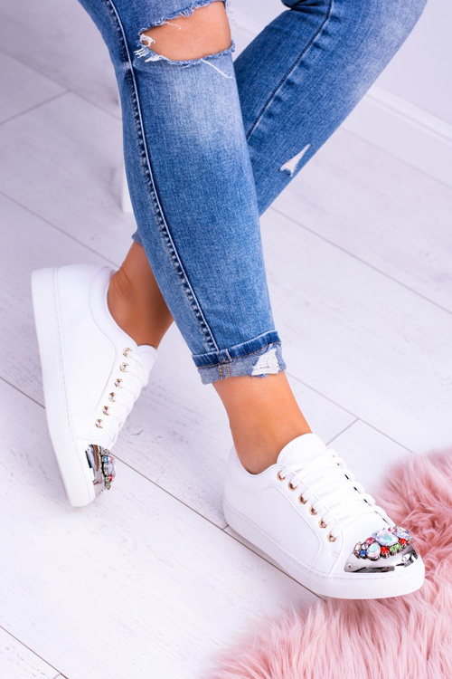 Lu Boo White Sneakers with Shiny Crystals