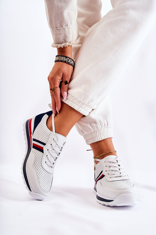 Women's leather sport shoes white and navy blue Jane