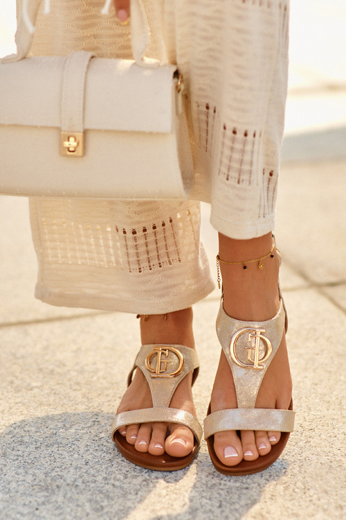 Sandały Damskie Płaskie Ozdoba S.Barski KV27-051 Złote