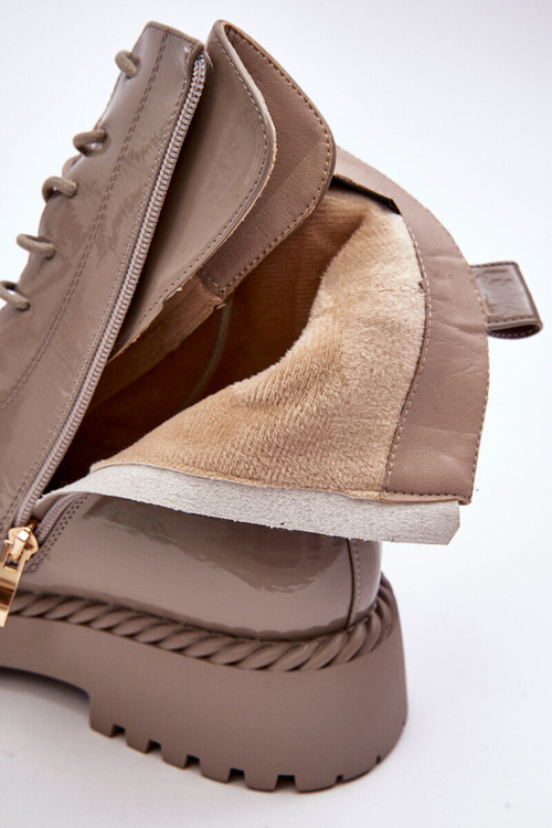 Women's Glossy Ankle Boots Brogues with Decoration Beige SBarski MR870-67