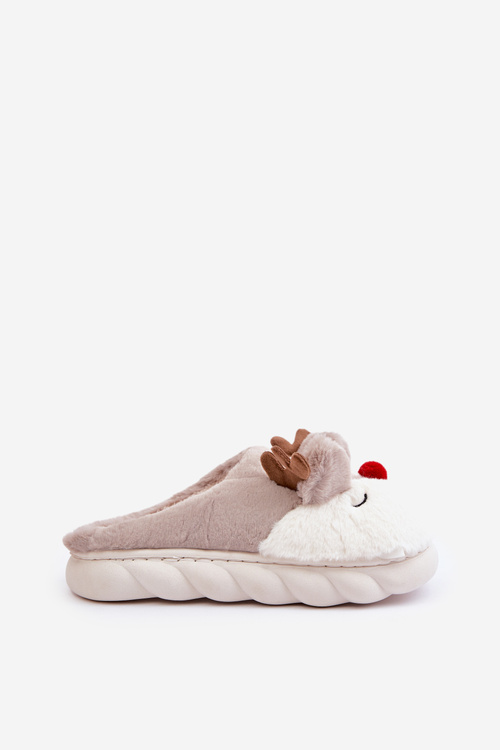 Furry Slippers For Women With Reindeer Motif Beige Wistira