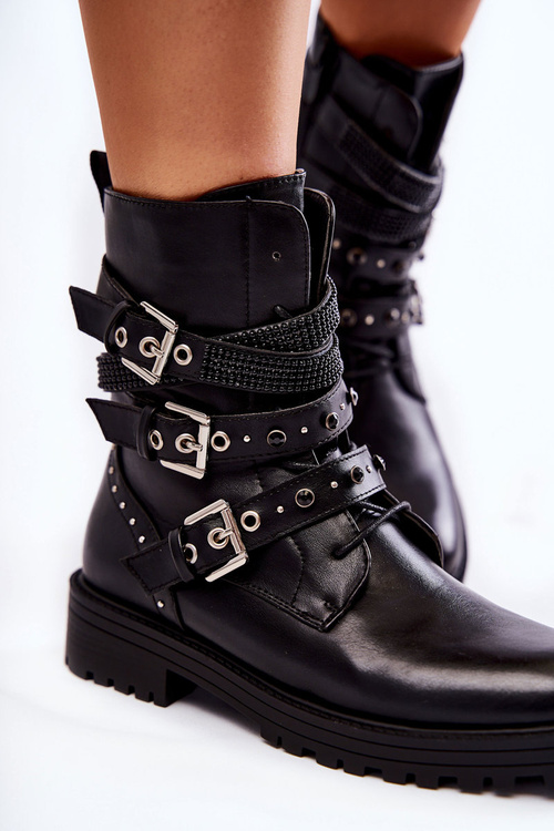 Women's Warm Boots With Strips Smooth Black Lamberta