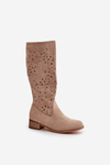Ladies Perforated Ankle Boots On Low Heel Eco Suede Zip Fastening Light Beige Orchides