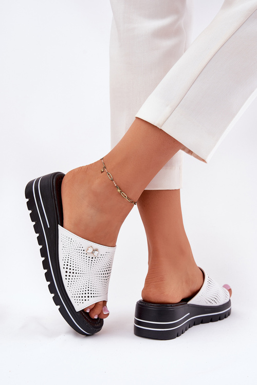 Damskie Klapki Na Koturnie Skóra Naturalna Białe Vinceza 41477