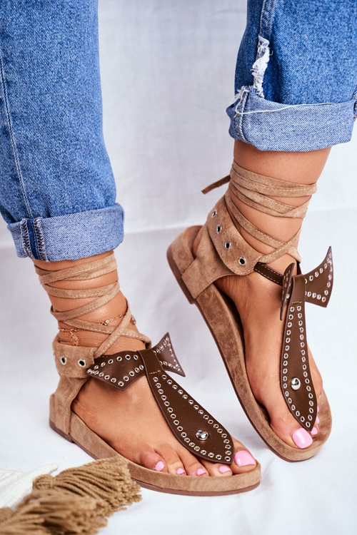 Lu Boo Damskie Brązowe Wiązane Sandały Japonki Mara