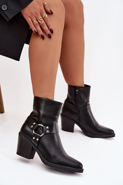 Damskie Botki Obcas Słupek Ocieplane Z Ozdobnym Elementem Czarne Jurelle