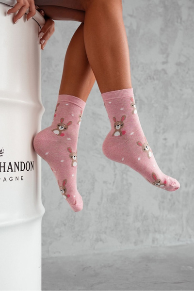 Bawełniane Skarpetki Damskie Kropki I Króliki Różowe