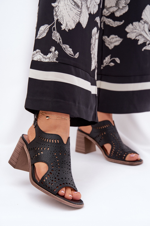 Ladies Perforated Sandals On Heel Black Tosine