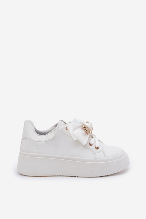 Women's Sneakers With Bow And Brooch With Bear White Leathria