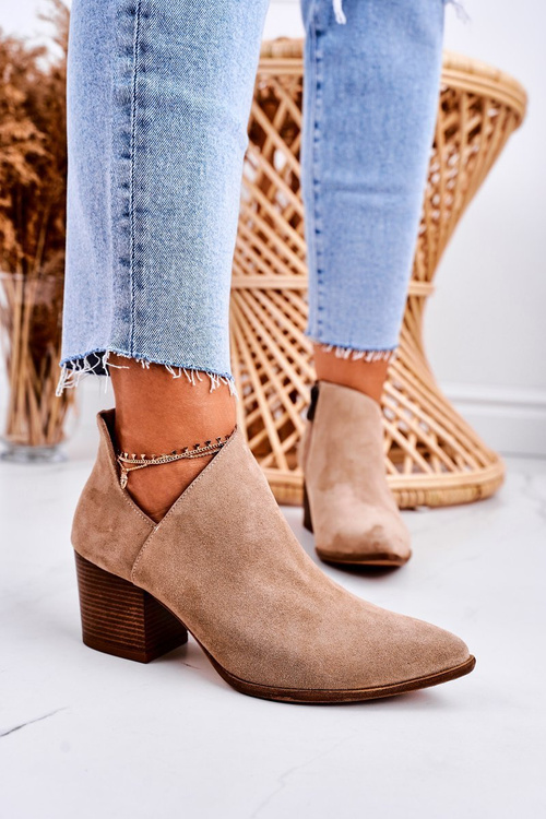 Women's Boots With A Cut On Block Heel Suede Beige Lawrence