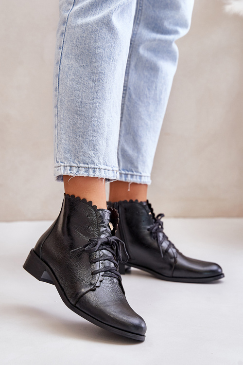 Zazoo 2964 Leather Ankle Boots On Flat Heel Black