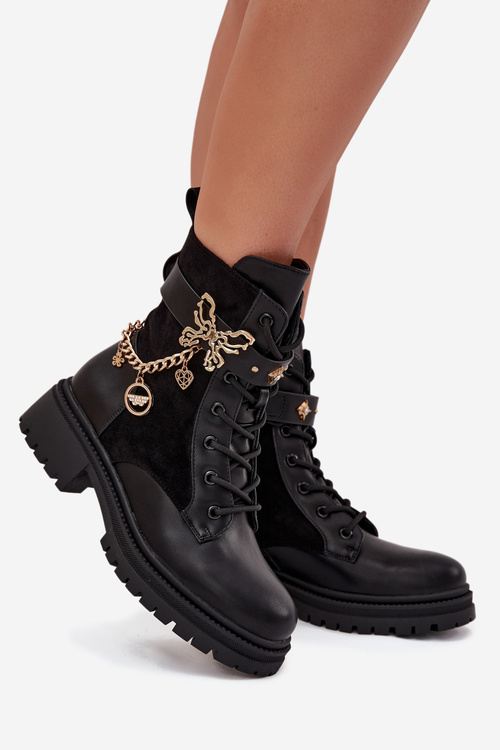 Women's Work Boots Insulated With Gold Chain And Charms Black Vessara