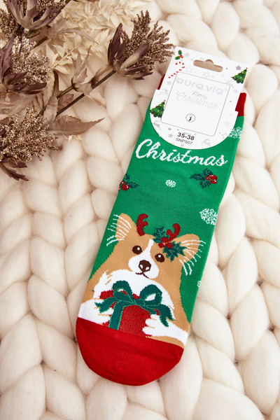 Women's Festive Socks with Dog Green