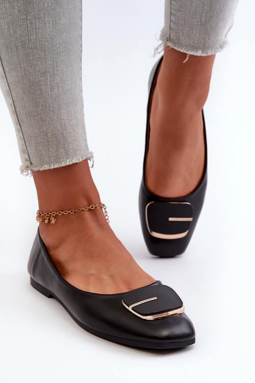 Women's Eco Leather Ballerina Flats with Decoration Black Edoslli