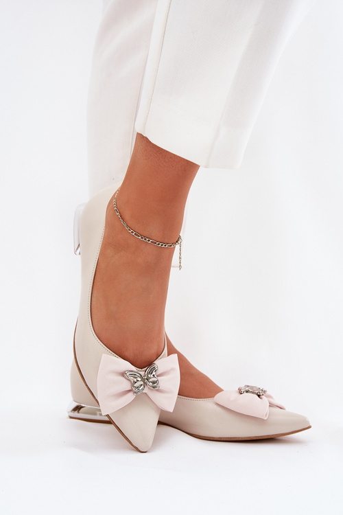 Elegant Leather Ballet Flats Women With Bow Laura Messi 2893 Beige