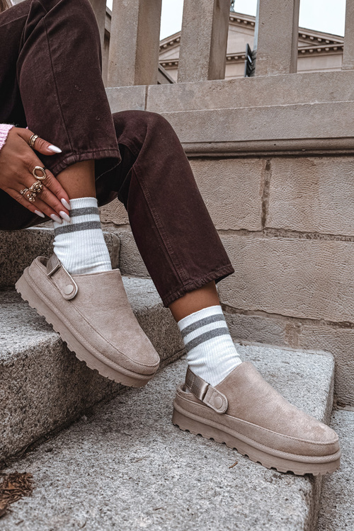 Kapcie Damskie Ocieplane Na Platformie Futerko Beżowe Azida