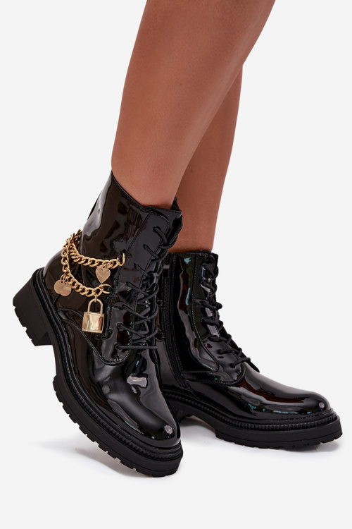 Lacquered Ankle Boots Workers Women's With Golden Chain Insulated Black Sarinae
