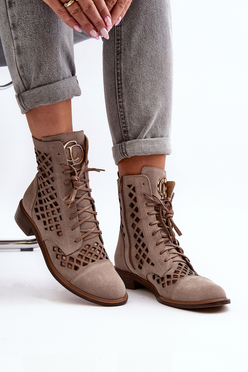 Openwork Leather Boots Zazoo 2695 Beige