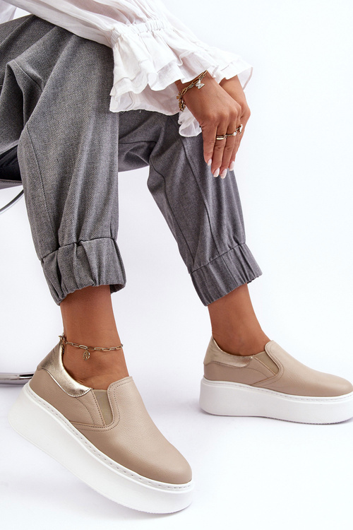 Buty Sportowe Damskie Skóra Platforma Beżowe Lemar Manish 10151
