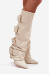 Women's High Heel Boots with Turned-up Shaft and Golden Buckles Light Beige Isavelle