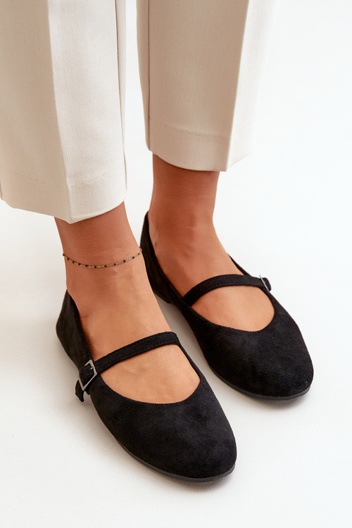 Flat Ballet Shoes With Strap Eco Suede Black Tirilina