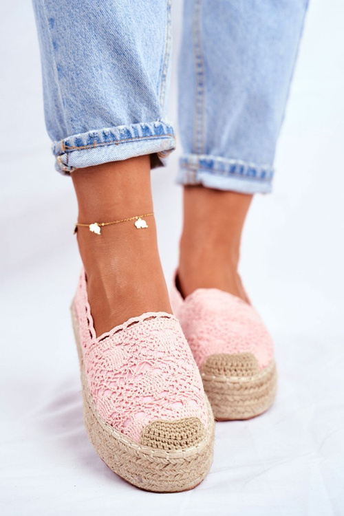 Women's Lace Espadrilles Pink Platform Desante