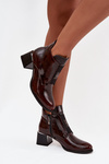 Leather Lacquered Block Heel Boots with Decorative Detail Insulated Zazoo 60560 Dark Brown