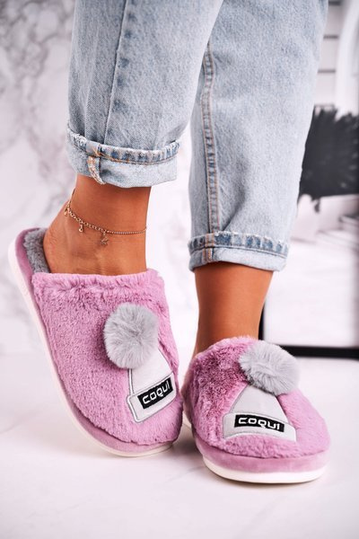 Women's Furry Slippers With A Hat And Pompom Violet Keep Warm
