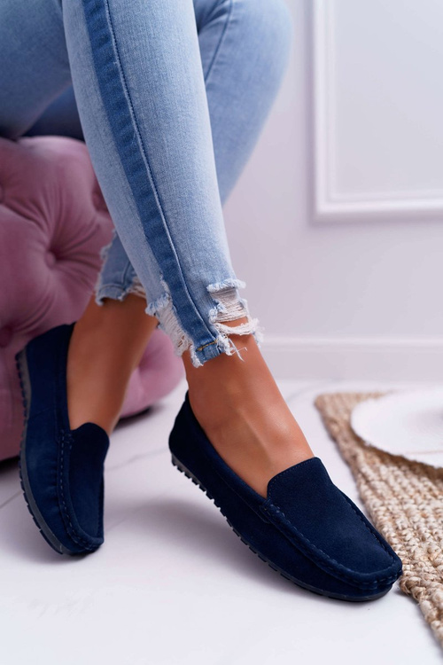 Women's Suede Leather Moccasins Navy Blue Tenzion