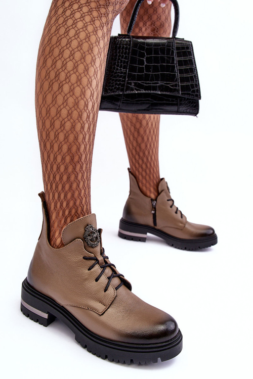 Botki Damskie Skóra Płaski Obcas Beżowe Lemar Charline 60309