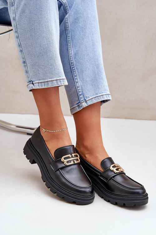 Eko Skórzane Mokasyny Damskie Z Ozdobą Czarne Trionna