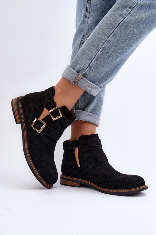 Women's Flat Heel Ankle Boots with Straps Black Melviana