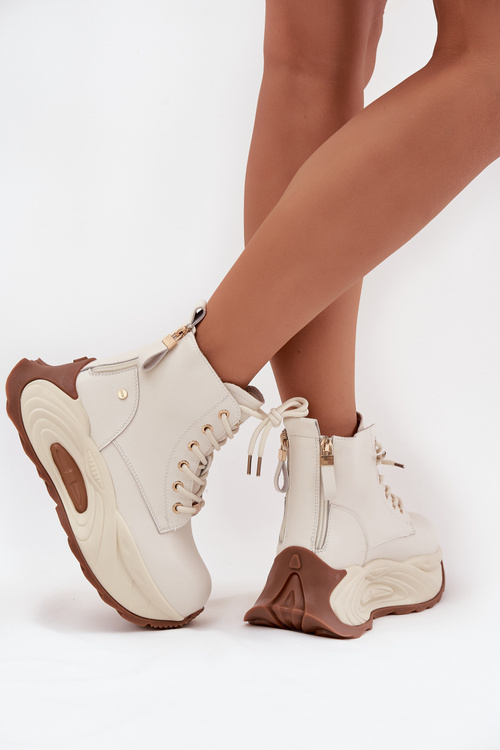 Leather Insulated Women's Ankle Boots On Platform GOE SS2N4300 Light Beige