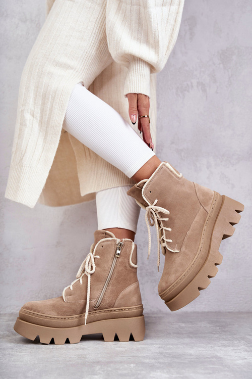 Suede Warm Lace Up Boots Beige Elisabeth