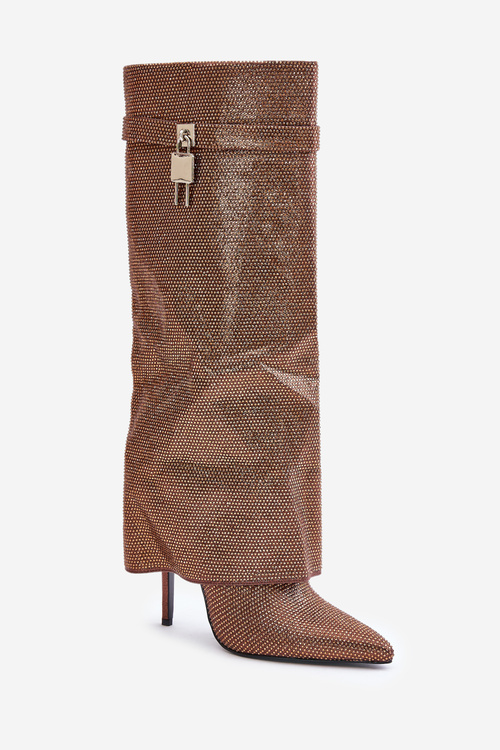 Embellished Slip-On Stiletto Boots with Turned Cuff Brown Enathlin