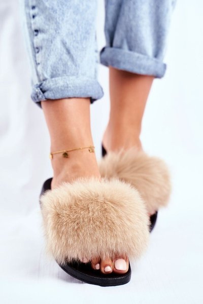 Women's Slides With Natural Fur Beige Bushido