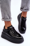 Buty Sportowe Lakierowane Skóra Platforma Czarne Lemar 10150