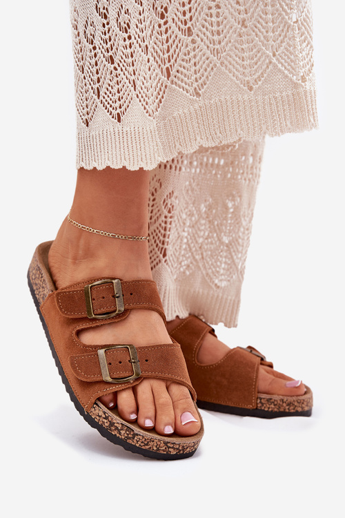 Damskie Zamszowe Klapki Korkowa Podeszwa Klamry Camel Tavira