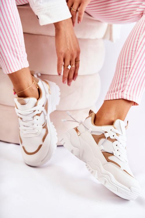 Buty Sportowe Modne Materiałowe Beżowo-Białe Amariso