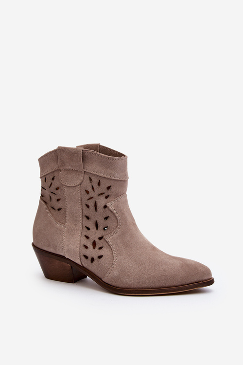 Zazoo 2870 Suede Low Heel Cutout Ankle Boots Beige