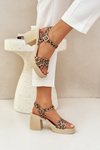 Sandały Damskie Na Klocku Skóra Panterka Brązowo-Beżowe Zazoo 40386