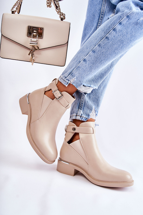 Women's Leather Flat Boots On A Flat Heel Beige Marla