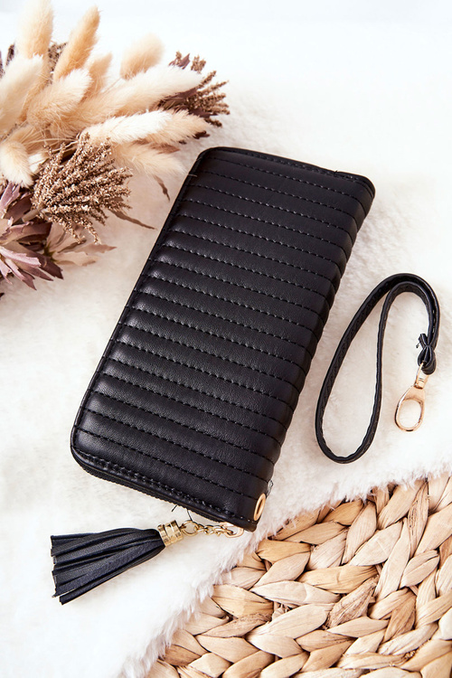Large Quilted Wallet with Strap Black
