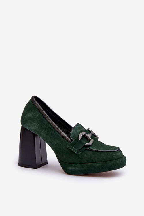 Leather Pumps on Chunky Heel Laura Messi 2706 Dark Green