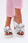 Leather Women's Slippers On Wedge With Decorative Flower Artiker White-Silver 54C0538