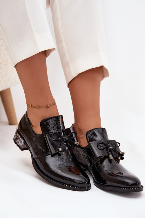 Patent Leather Women's Low Heel Shoes with Bow Zazoo 1399 Black
