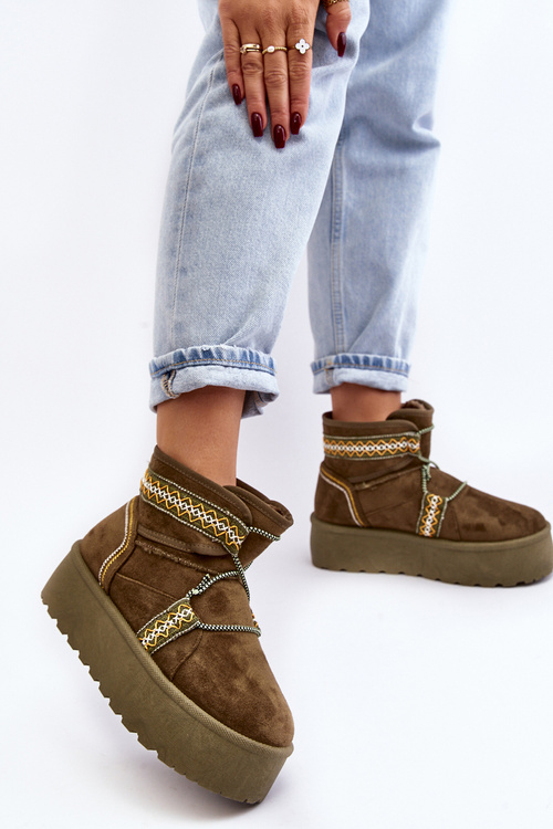 Women's snow boots with thick sole and laces, green Milson