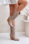 Kozaki Ażurowe Skórzane Na Słupku Do Połowy Łydki Beżowe Lewski 3609